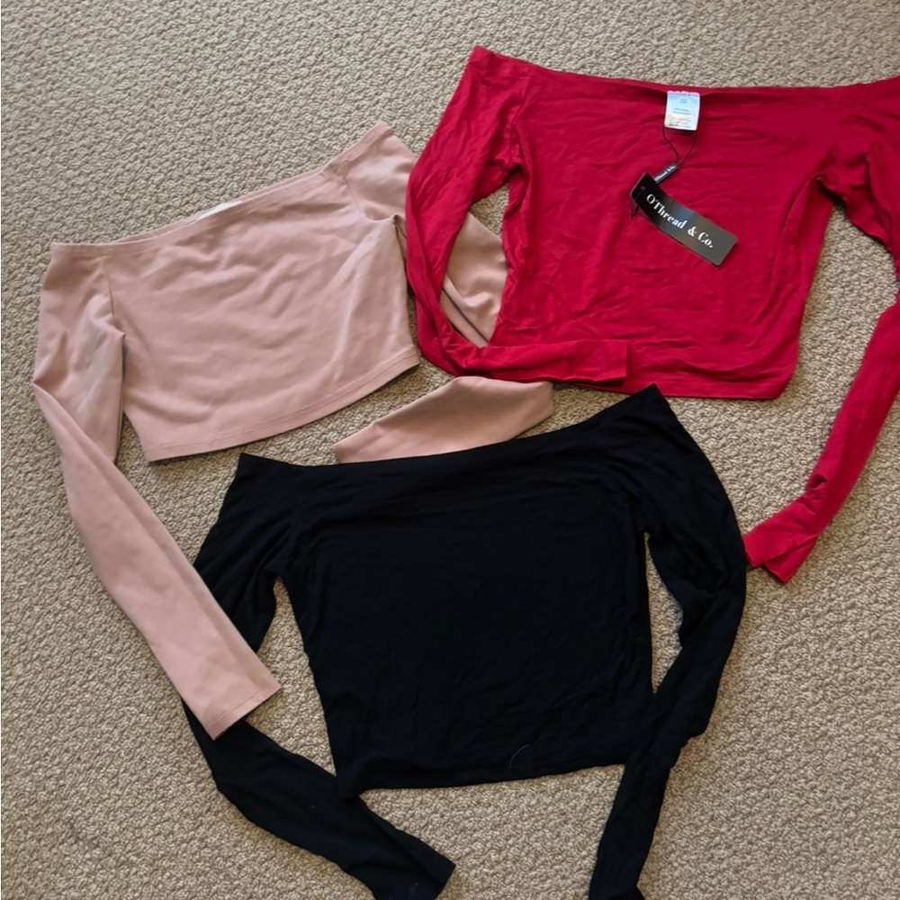 Bundle of  Off-Shoulder Crop Top Trio in Red, Blush, and Black